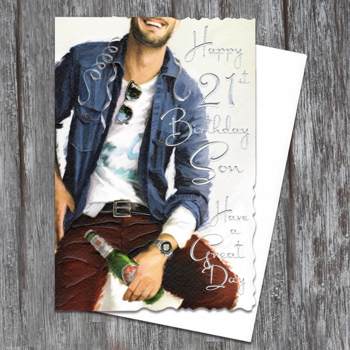 Son Age 21 Birthday Card Alongside Its White Envelope