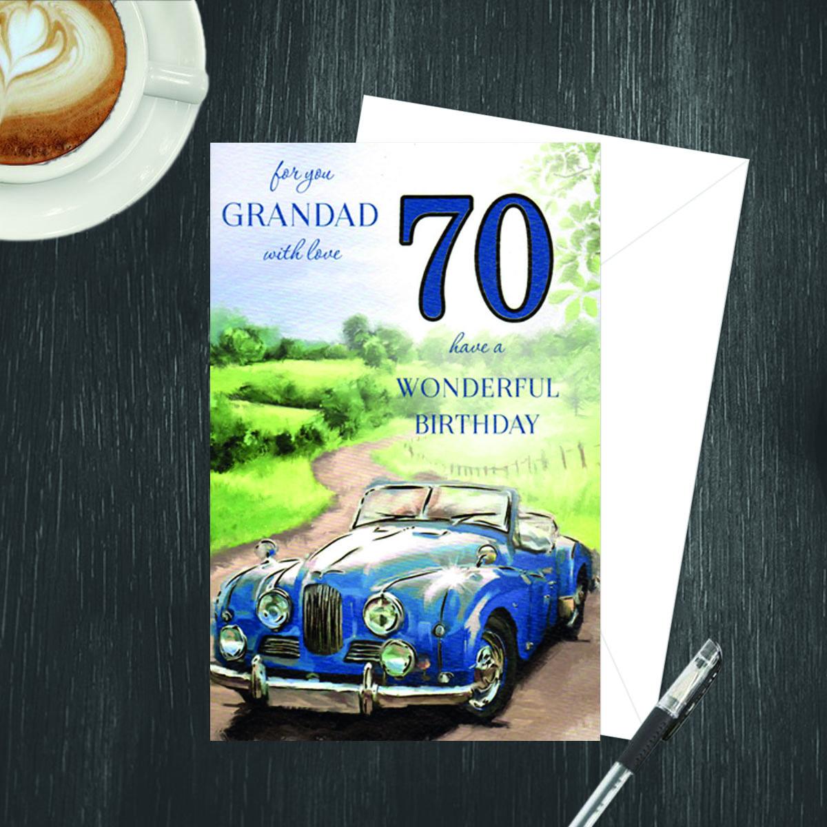 Grandad 70th Birthday Card Alongside Its White Envelope