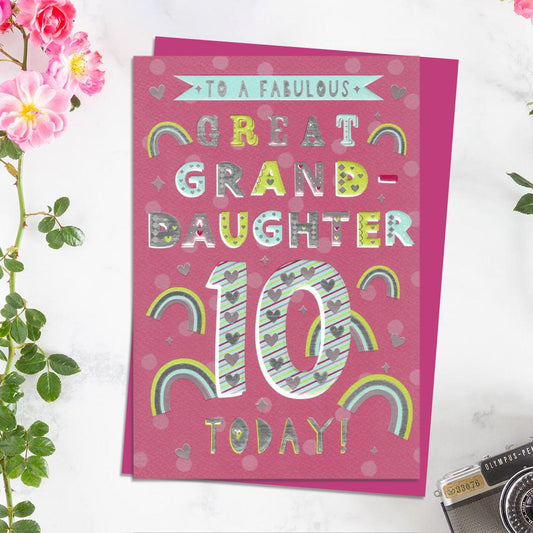 Great Granddaughter Age 10 Birthday Card Alongside Its Magenta Envelope