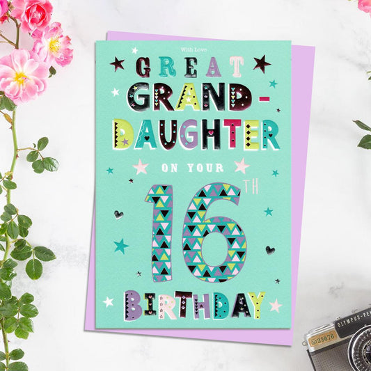 Great Granddaughter Age 16 Birthday Card Alongside Its Lilac Envelope