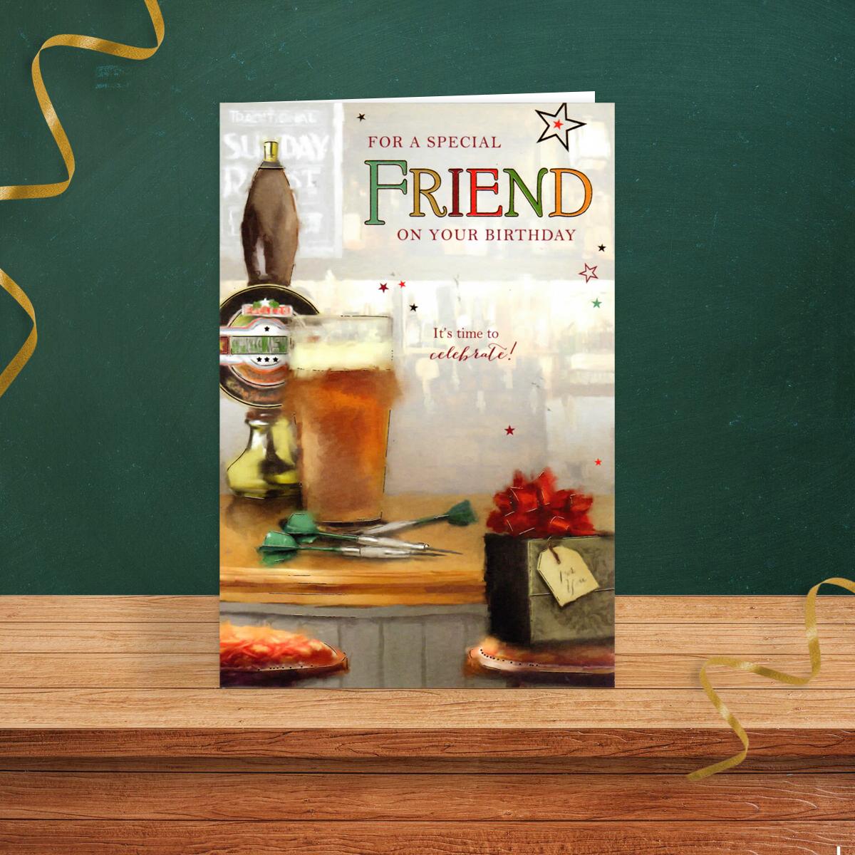 Friend Pub Scene Birthday Card Sitting On A Wooden Display Shelf