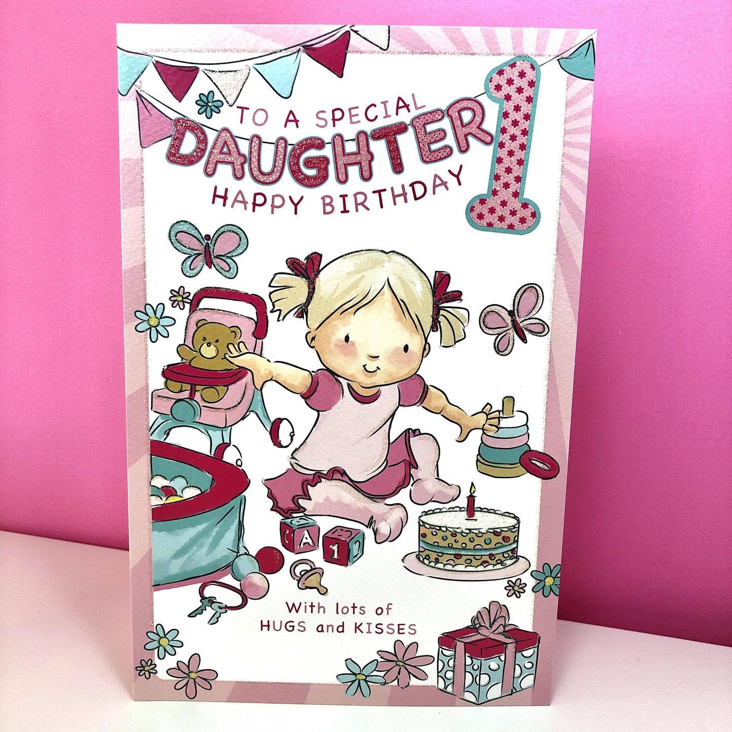 Daughter Age 1 Birthday Card Sitting On A Display Shelf