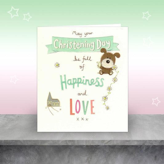 Lots Of Woof Christening Card Displayed On A Wood Shelf