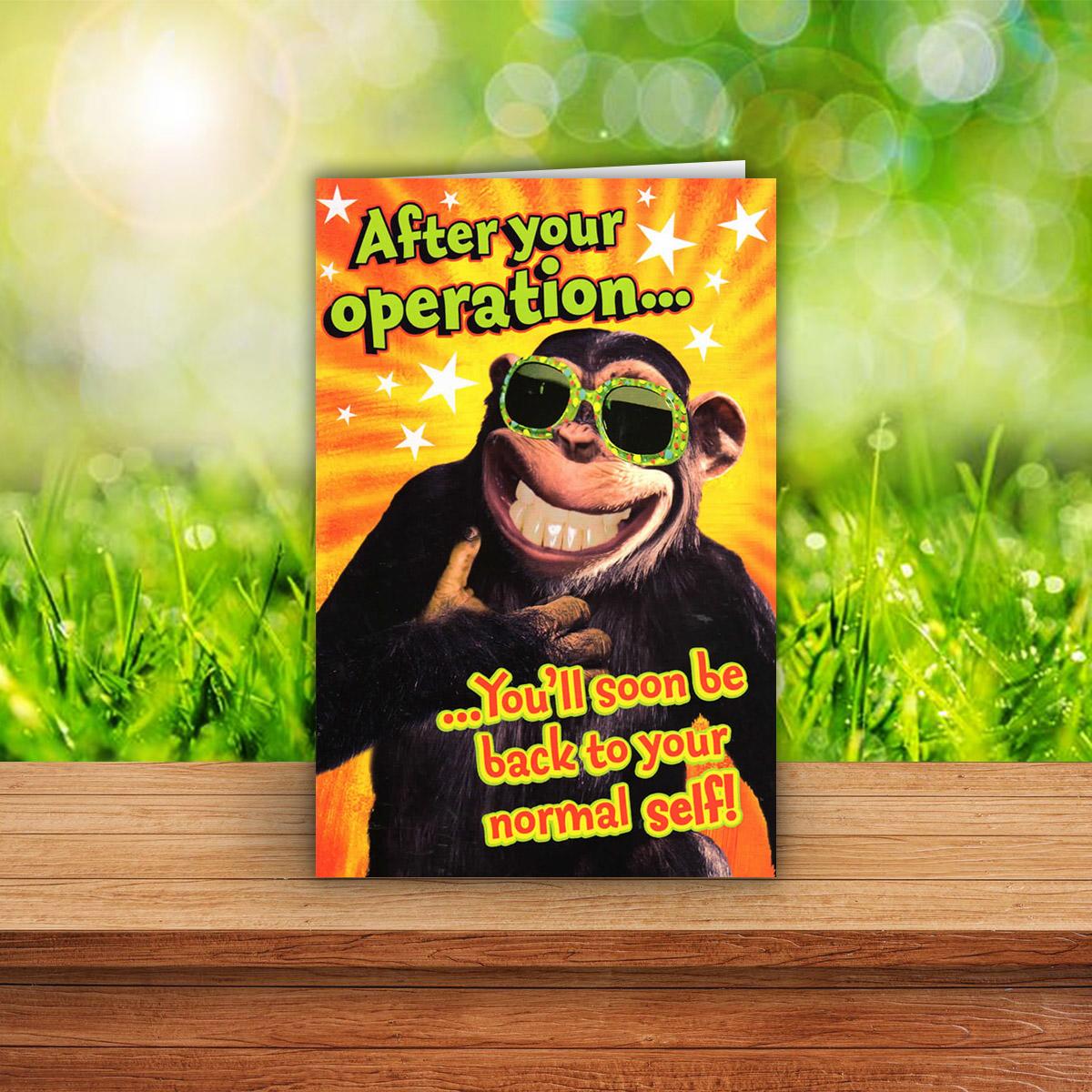 Get Well Soon After Your Operation Card Sitting On A Wooden Display Shelf