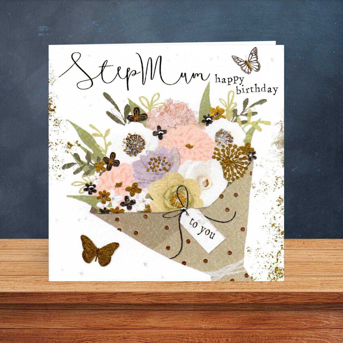 Stepmum Birthday Card Sitting On A Wooden Display Shelf
