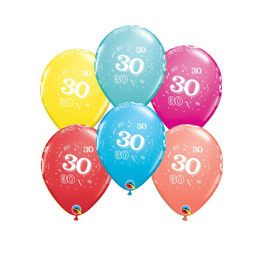 Image Of 6 Inflated Age 30 Multicoloured Latex Balloons