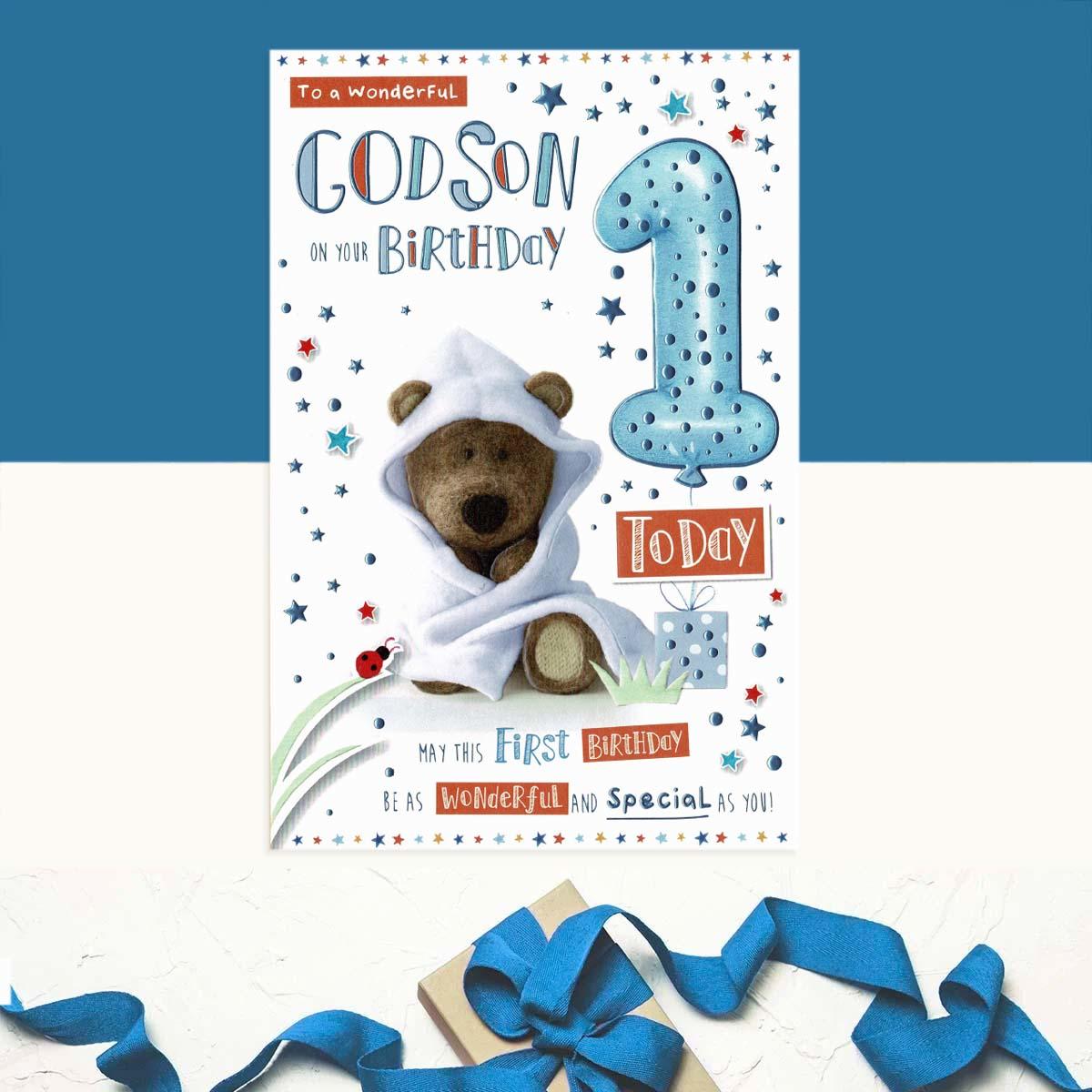 Godson Age 1 Birthday Card Shown In Full