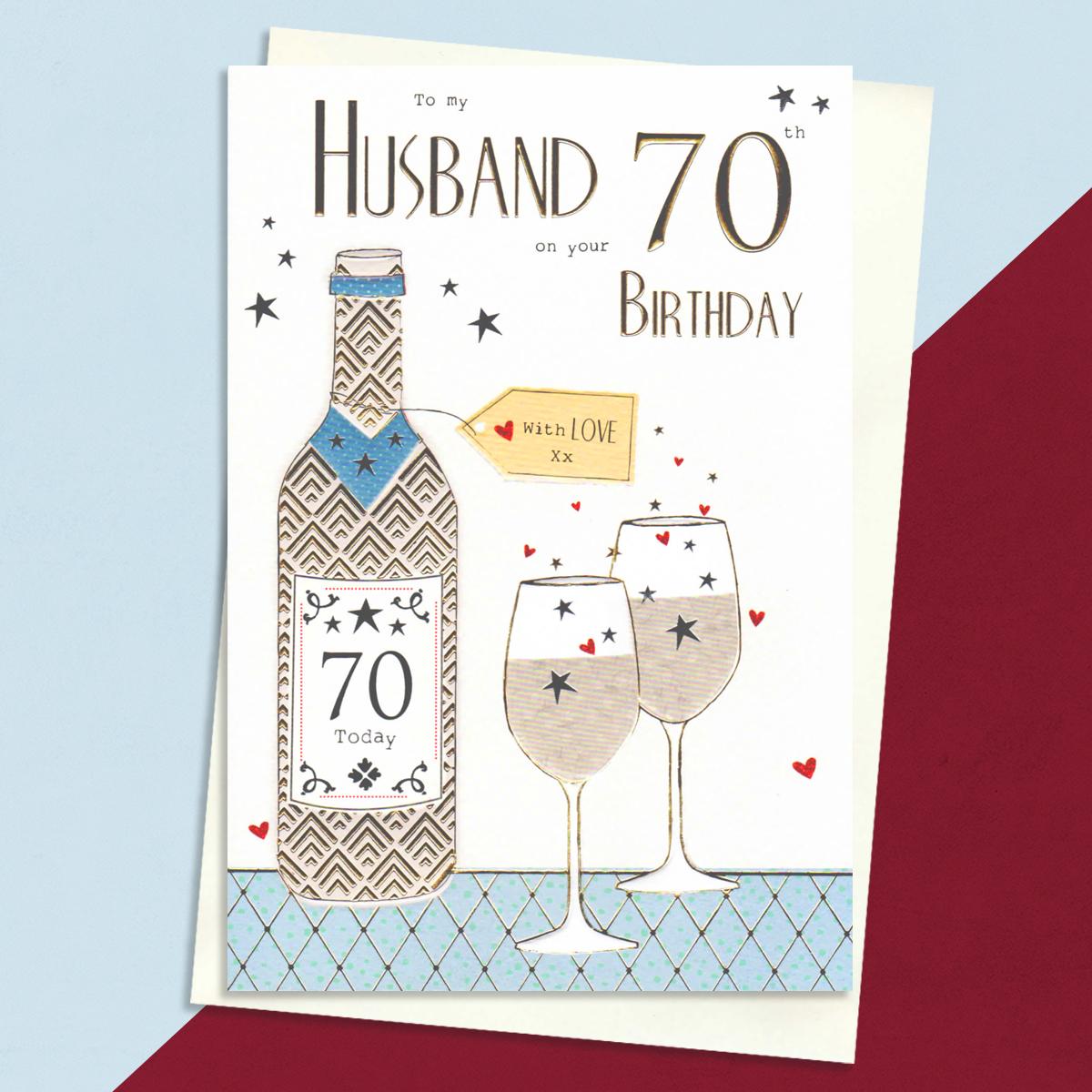 Husband Age 70 Birthday Card Sat On A Wooden Display Shelf