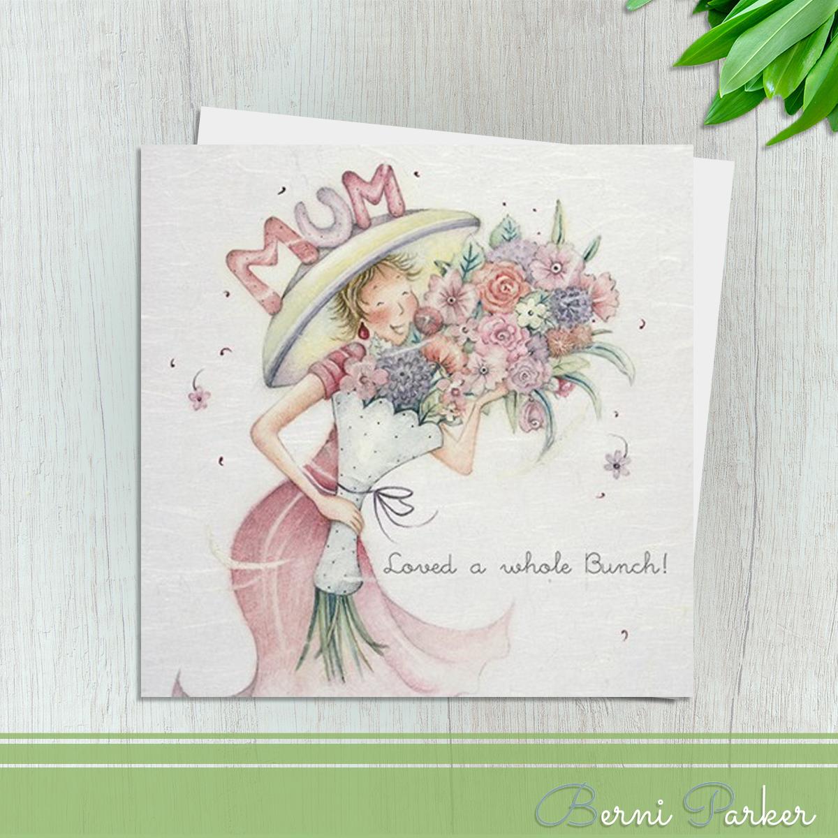 Beautiful lady With Bouquets Of Flowers And A Huge Hat With Mum Written On It. Caption: Mum Loved a Whole Bunch. Blank For Own Message Inside. Complete With White Envelope