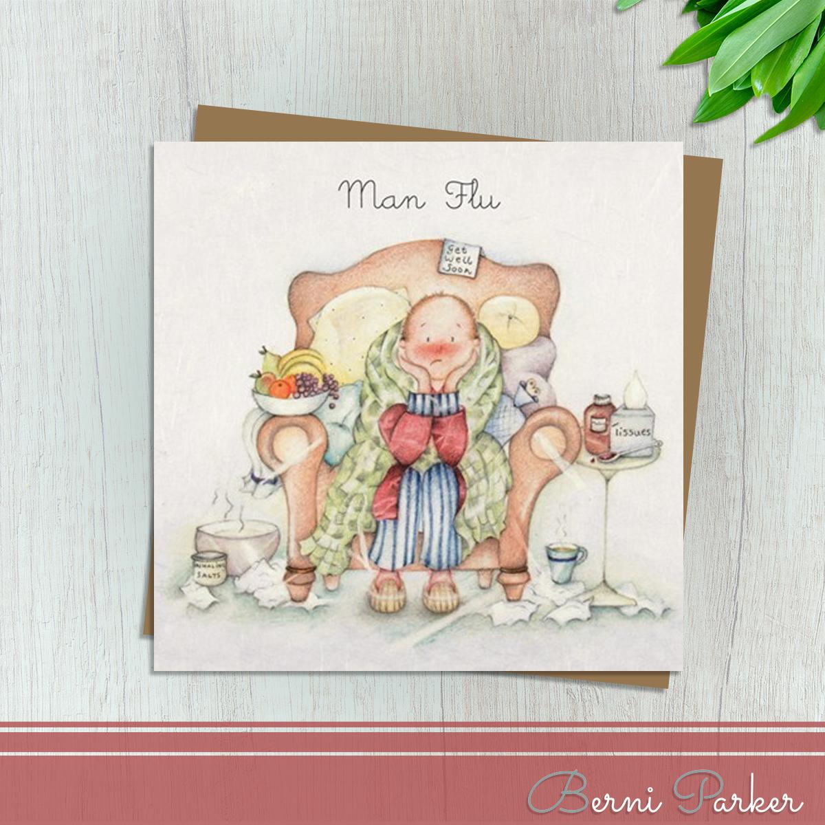 Showing A man In Dressing Gown Looking Miserable With Bowl Of Fruit, Smelling Salts And Tissues. Caption: Man Flu. Blank Inside For Own Message. Complete With Brown Kraft Envelope