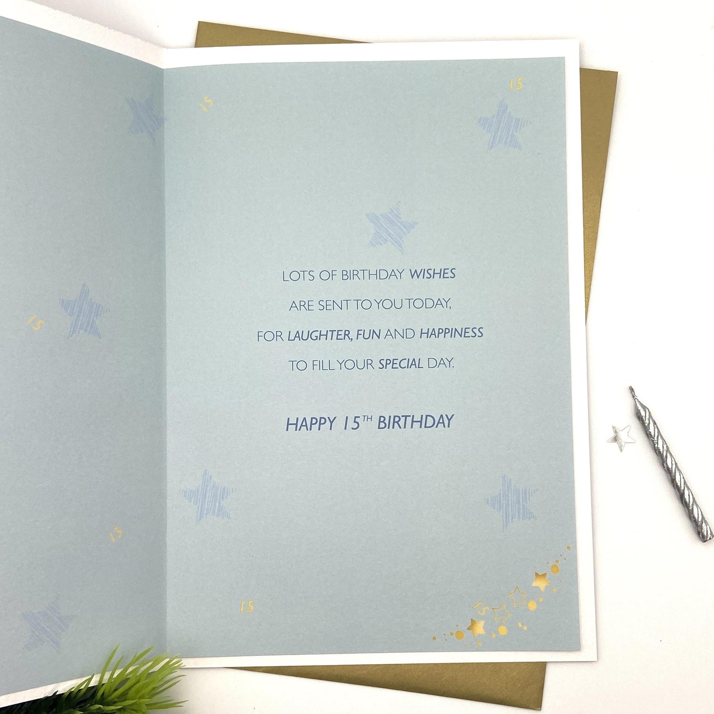 15th Son Birthday Card Alongside Its GoldEnvelope