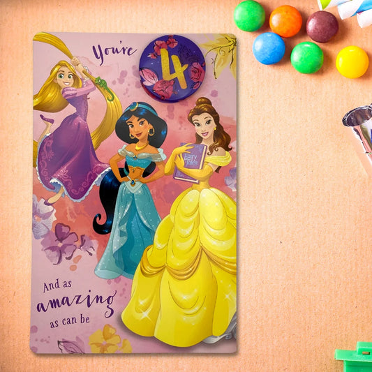 4th Birthday Card - Disney Princess With Badge