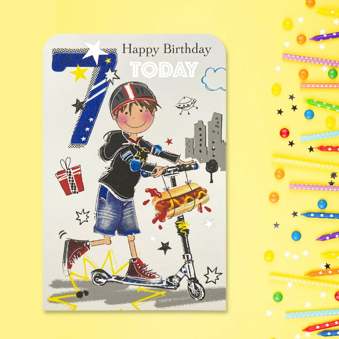 7th Birthday Card - Twingles Scooter Boy