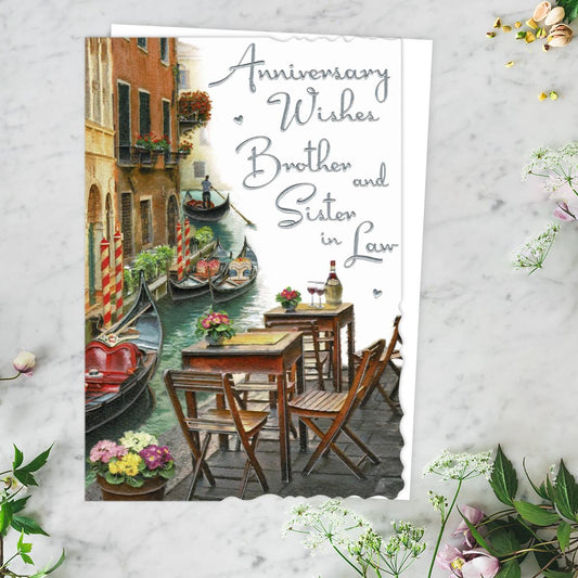 Brother & Sister In Law Anniversary Card Alongside Its White Envelope