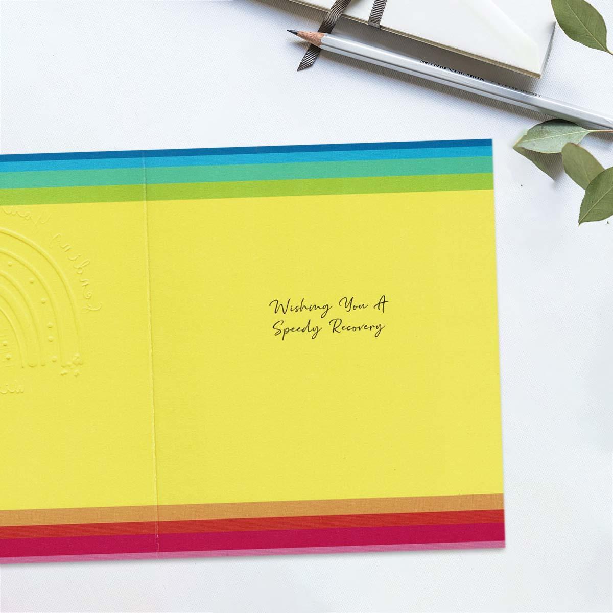 Inside with rainbow colours and greeting