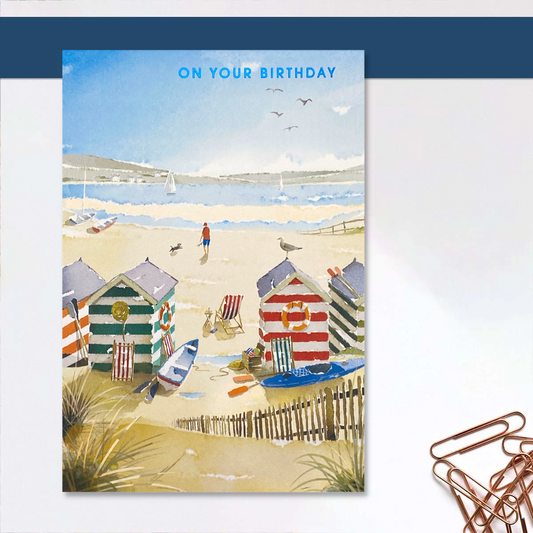 Beach Huts Birthday Card Displayed In Full