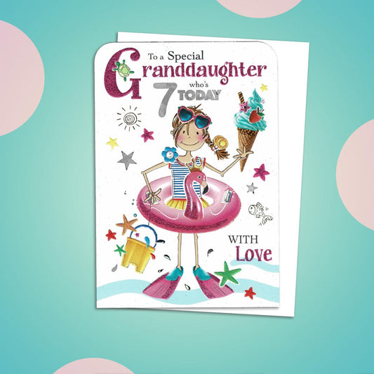 Granddaughter Age 7 Birthday Card Sitting On A Display Shelf