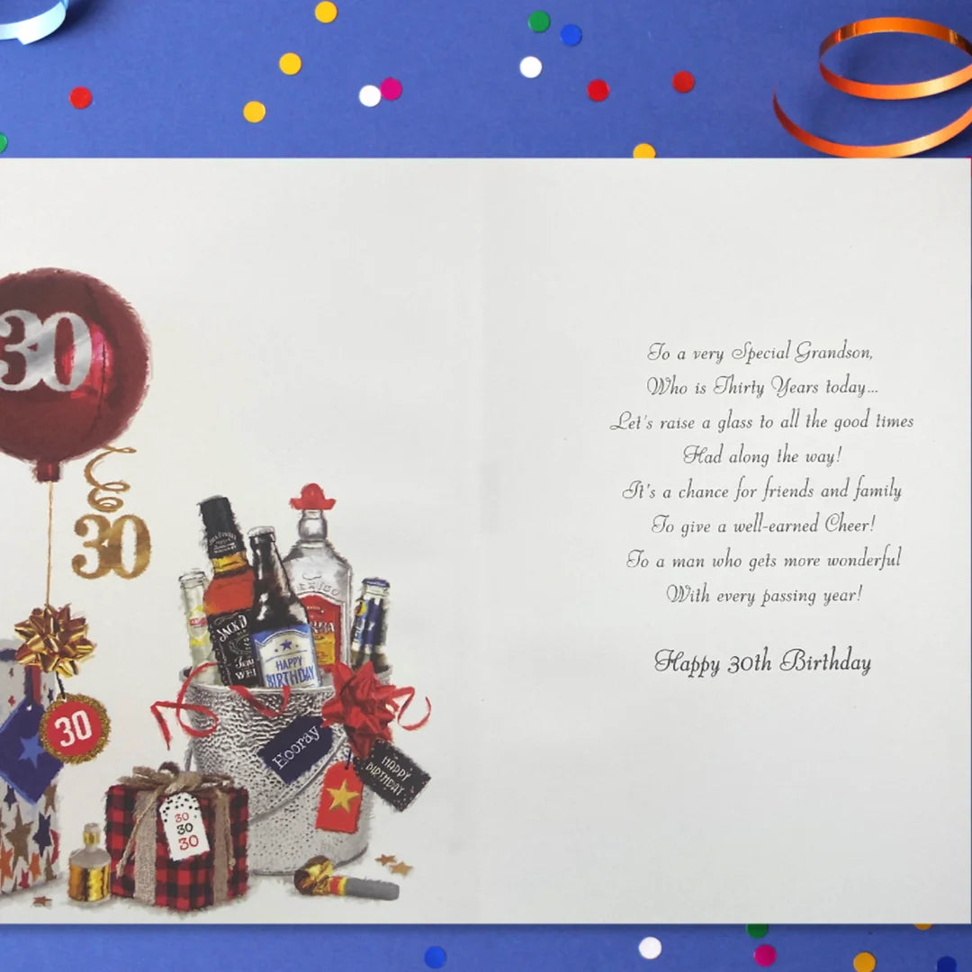 Grandson 30th Birthday Card - Velvet Balloon & Gifts