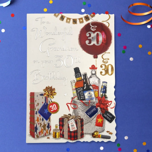 Grandson 30th Birthday Card - Velvet Balloon & Gifts
