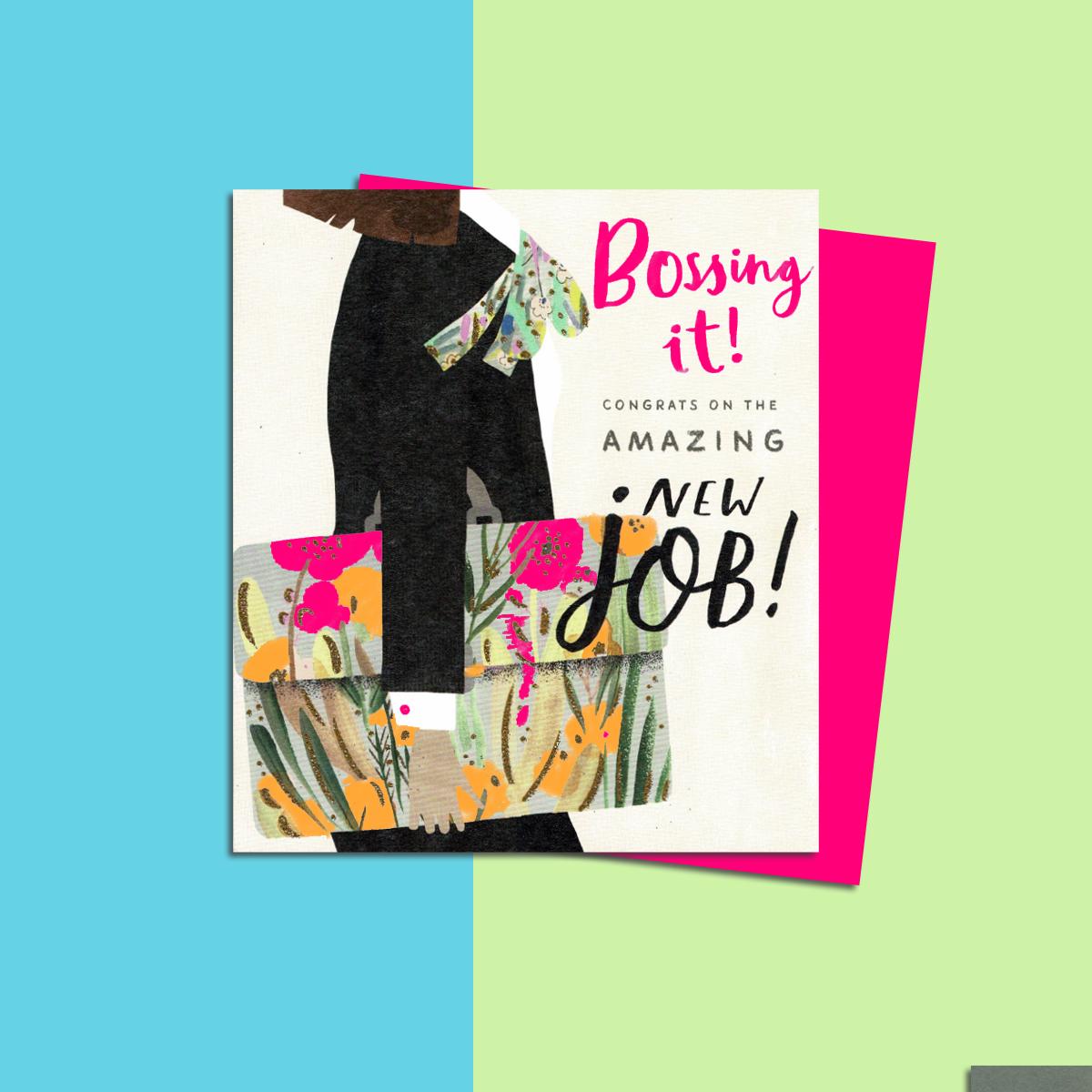 New Job Neon Card Alongside Its Neon Pink Envelope