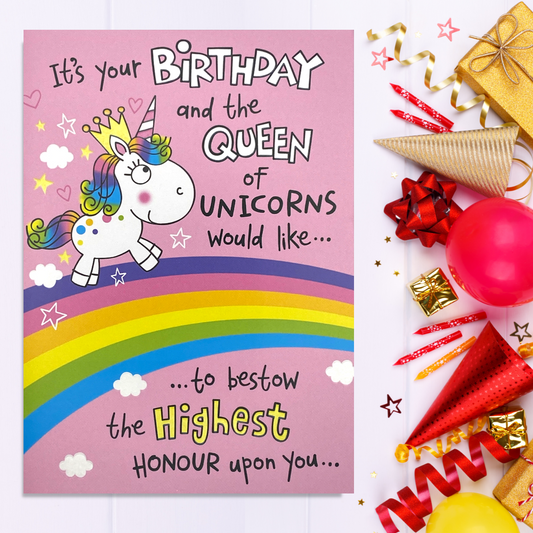 Queen Of Unicorns Birthday Card Displayed In Full