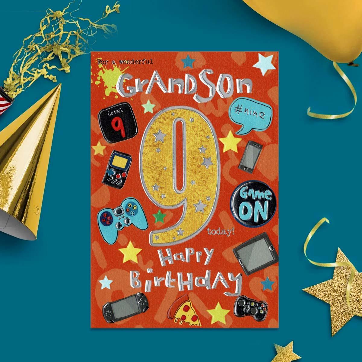 Playful Peppers - Grandson Age 9 Birthday Card Front Image