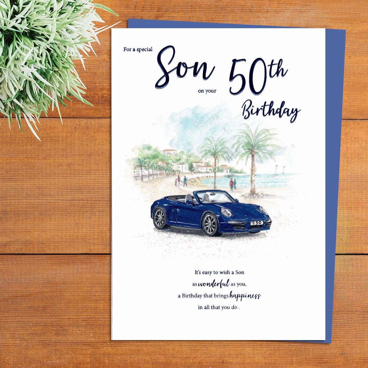 Son Age 50 Birthday Card Alongside Its Blue Envelope