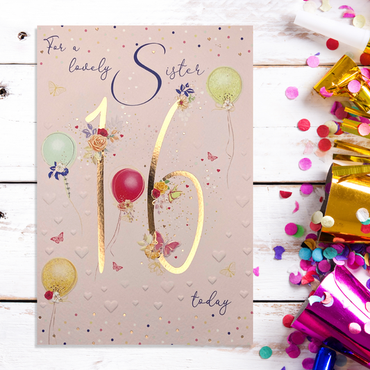 Lovely Sister 16 Today - Pretty in Peach - Birthday Card Front Image