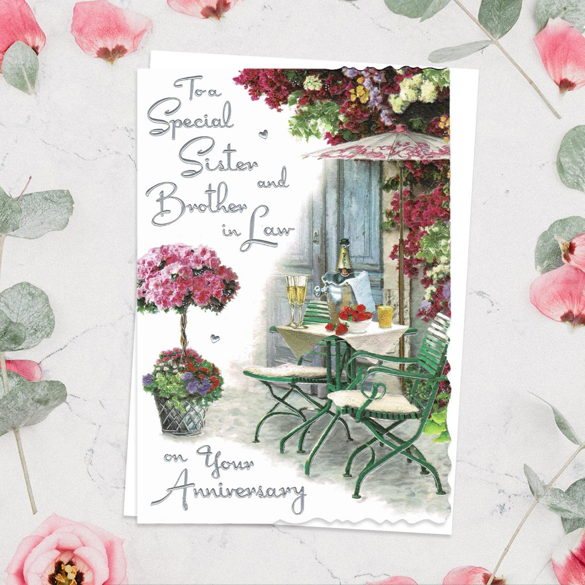 Sister And Brother In Law Anniversary Card Alongside Its White Envelope