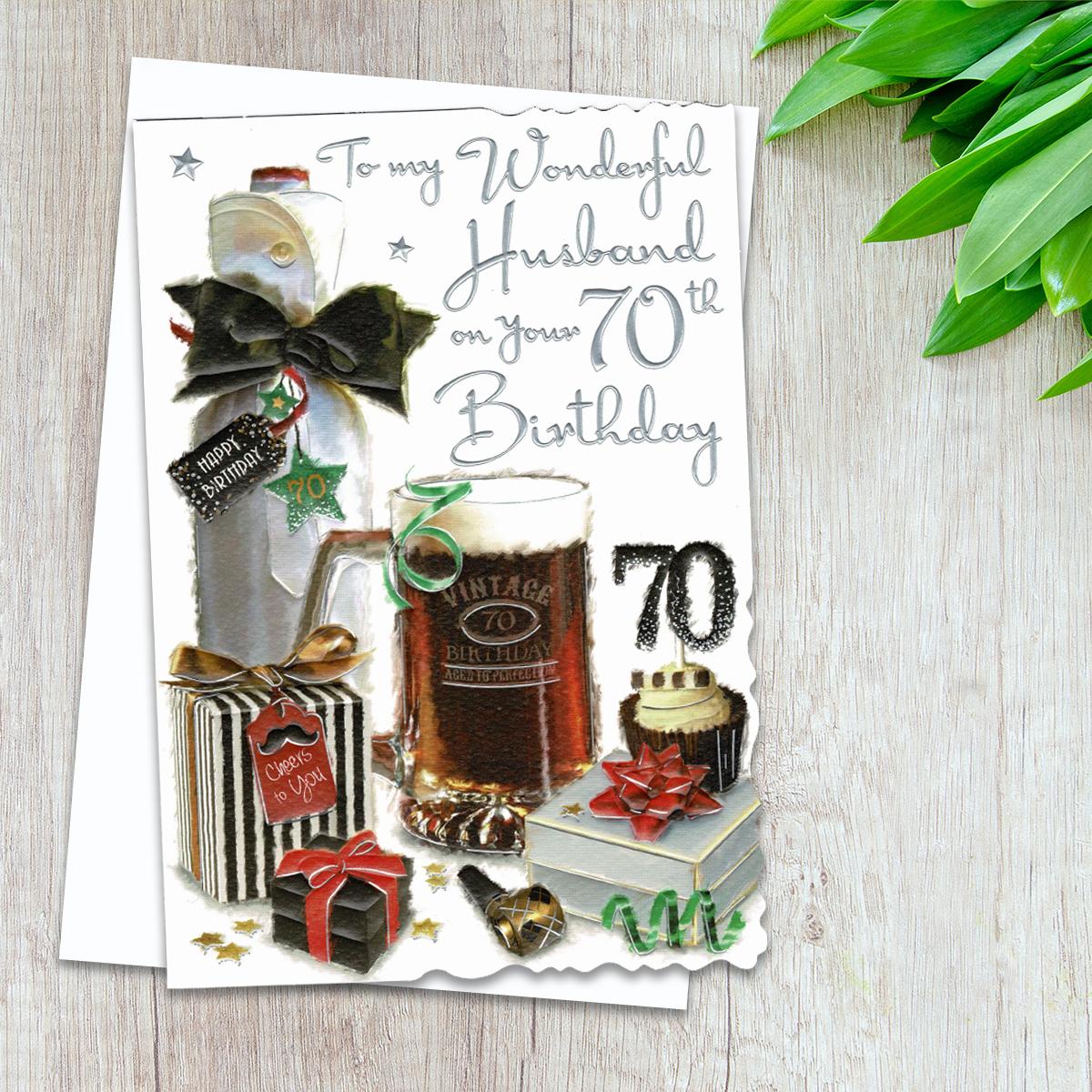 Husband Age 70 Birthday Card Alongside Its White Envelope
