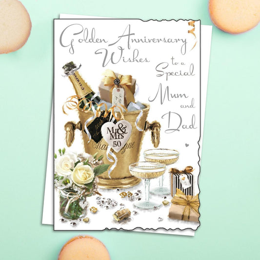 Mum And Dad Golden Anniversary Card Alongside Its White Envelope