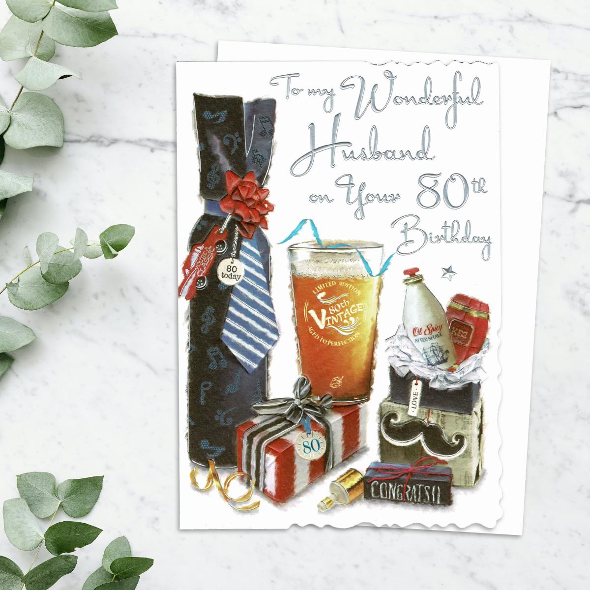Husband Age 80 Birthday Card Alongside Its White Envelope
