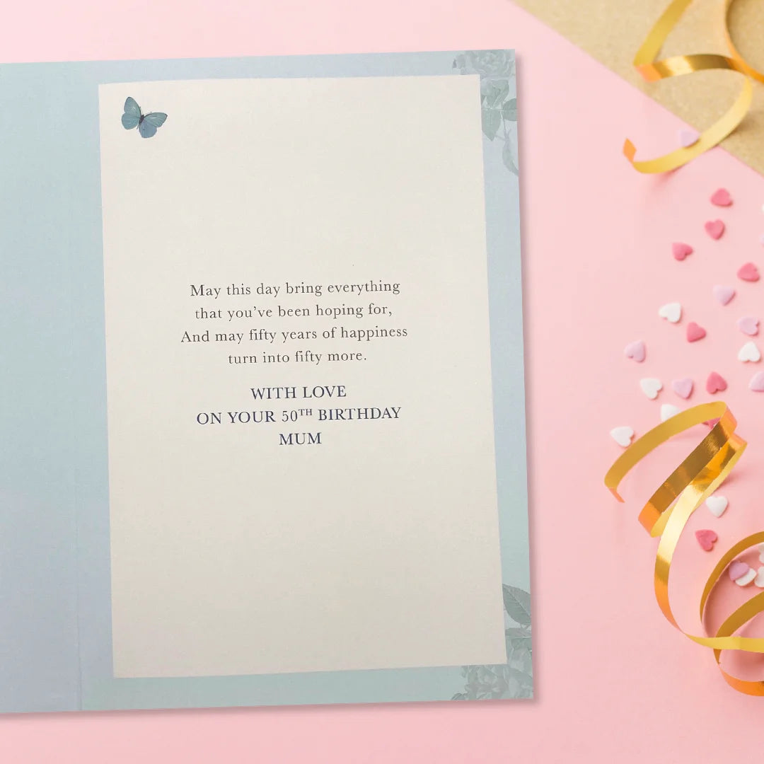 Mum 50th Birthday Card - Flowers & Butterflies