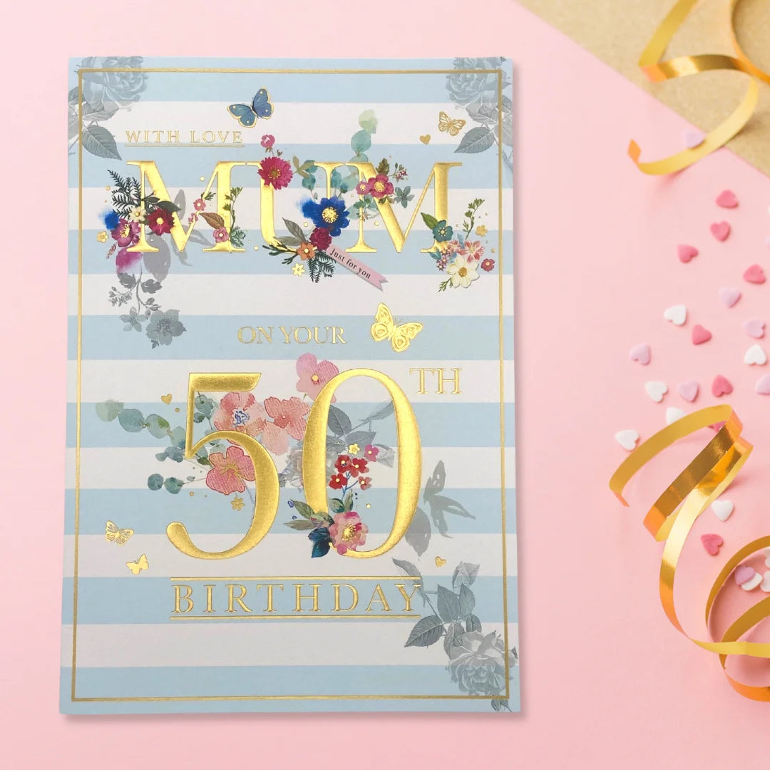 Mum 50th Birthday Card - Flowers & Butterflies