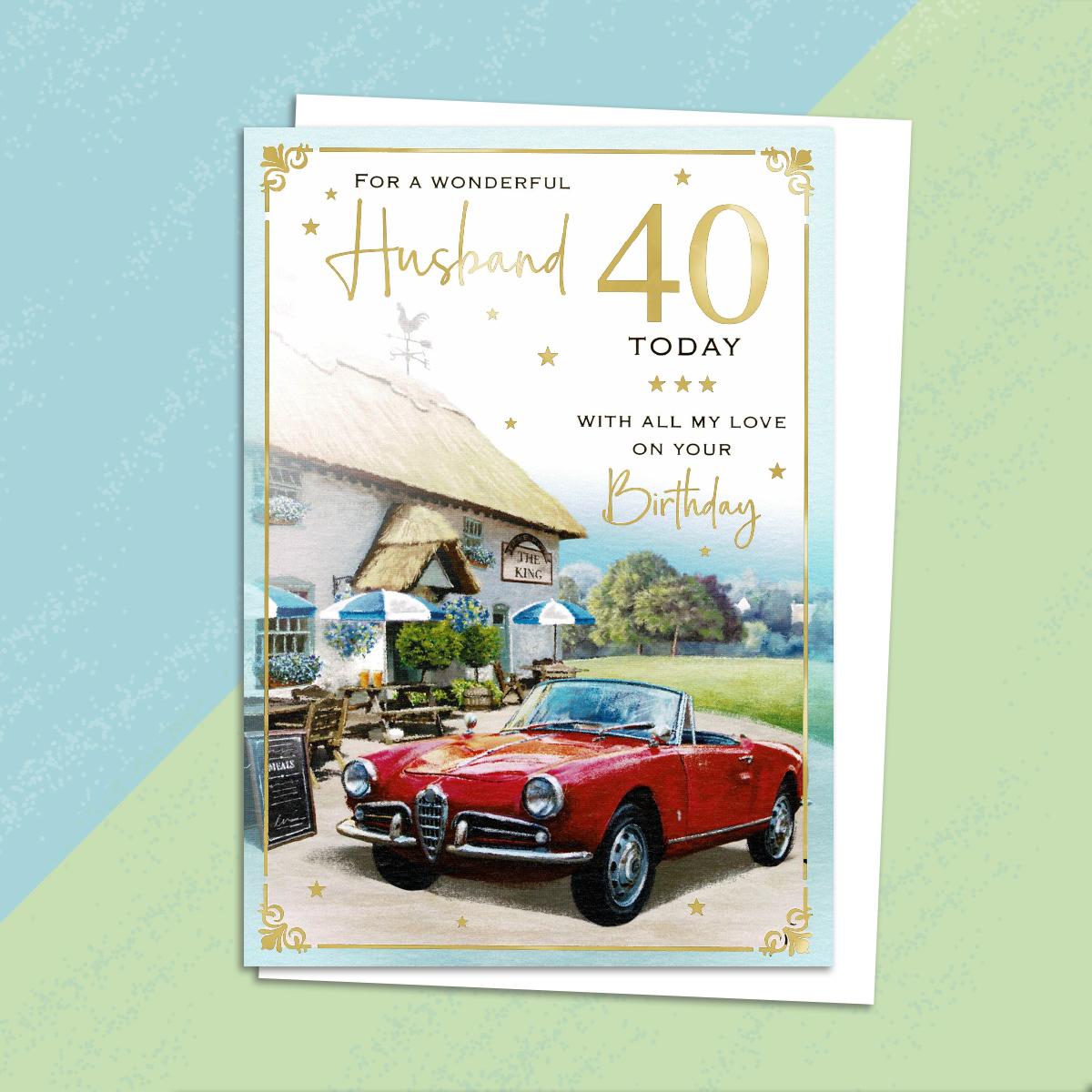 Husband Age 40 Birthday Card Alongside Its Gold Envelope