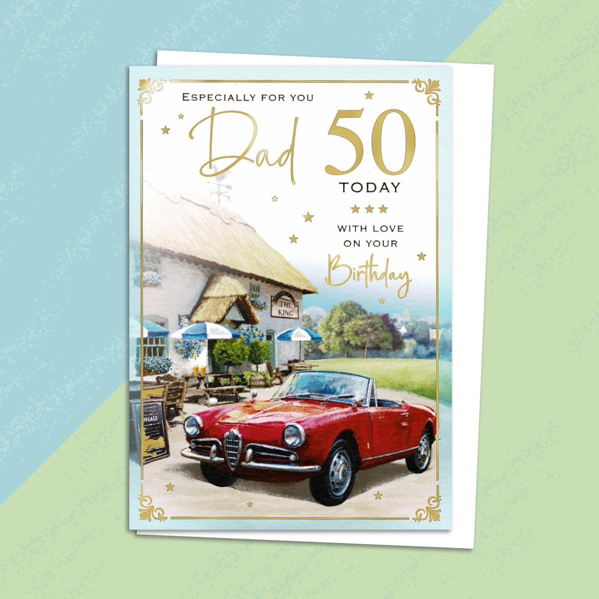 Dad age 50 Birthday Card Alongside Its White Envelope