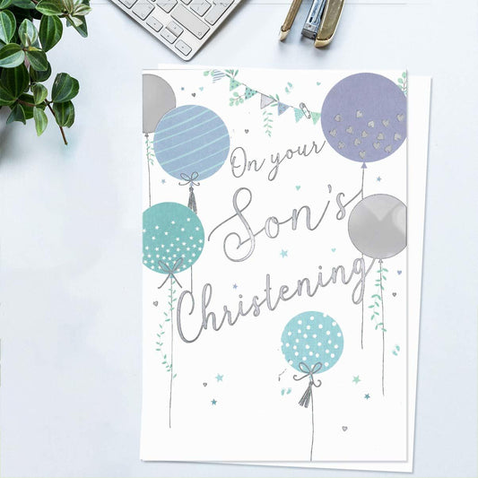 On Your Son's Christening Balloons Card Front Image