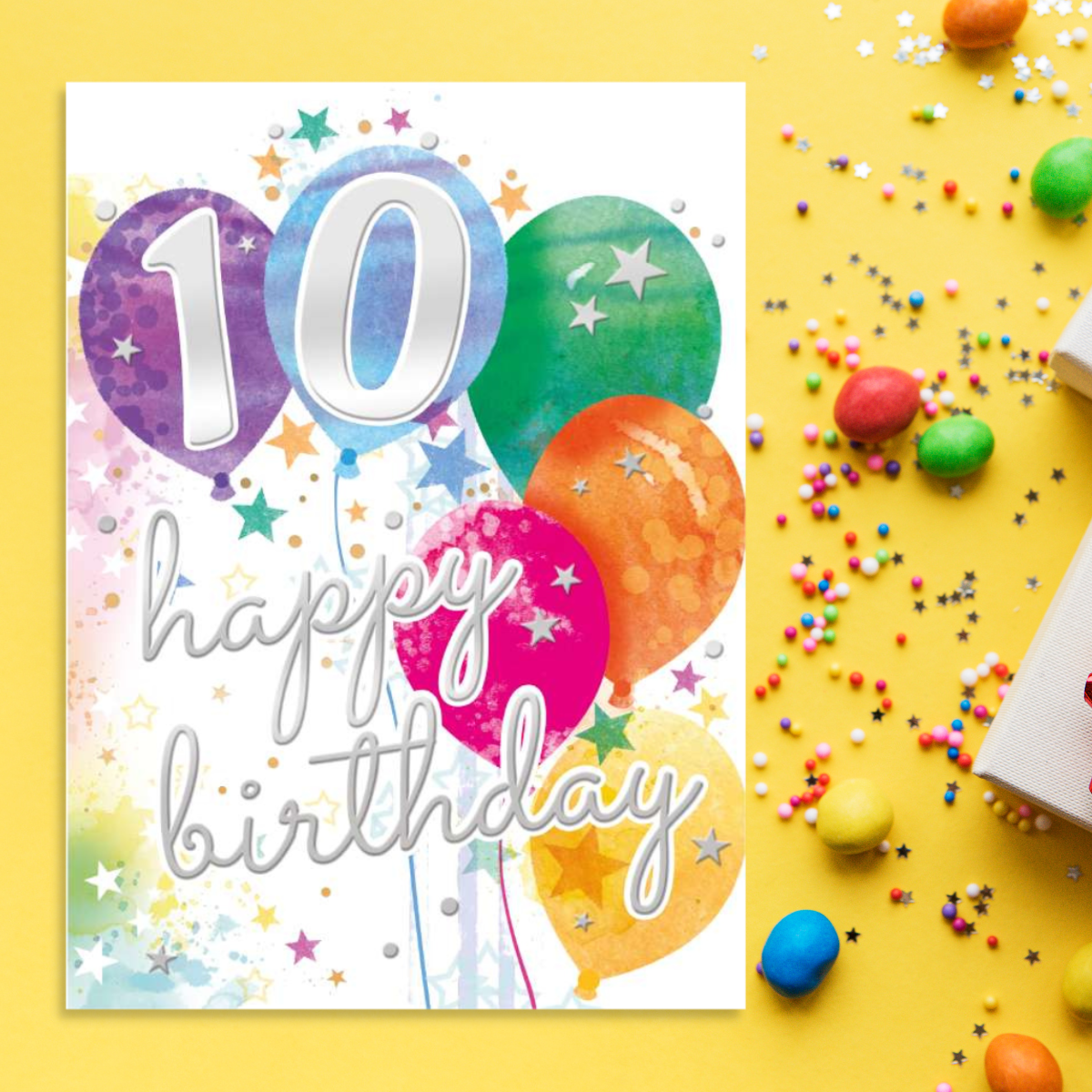 10th Birthday Card - All The Rage Juniors Coloured Balloons