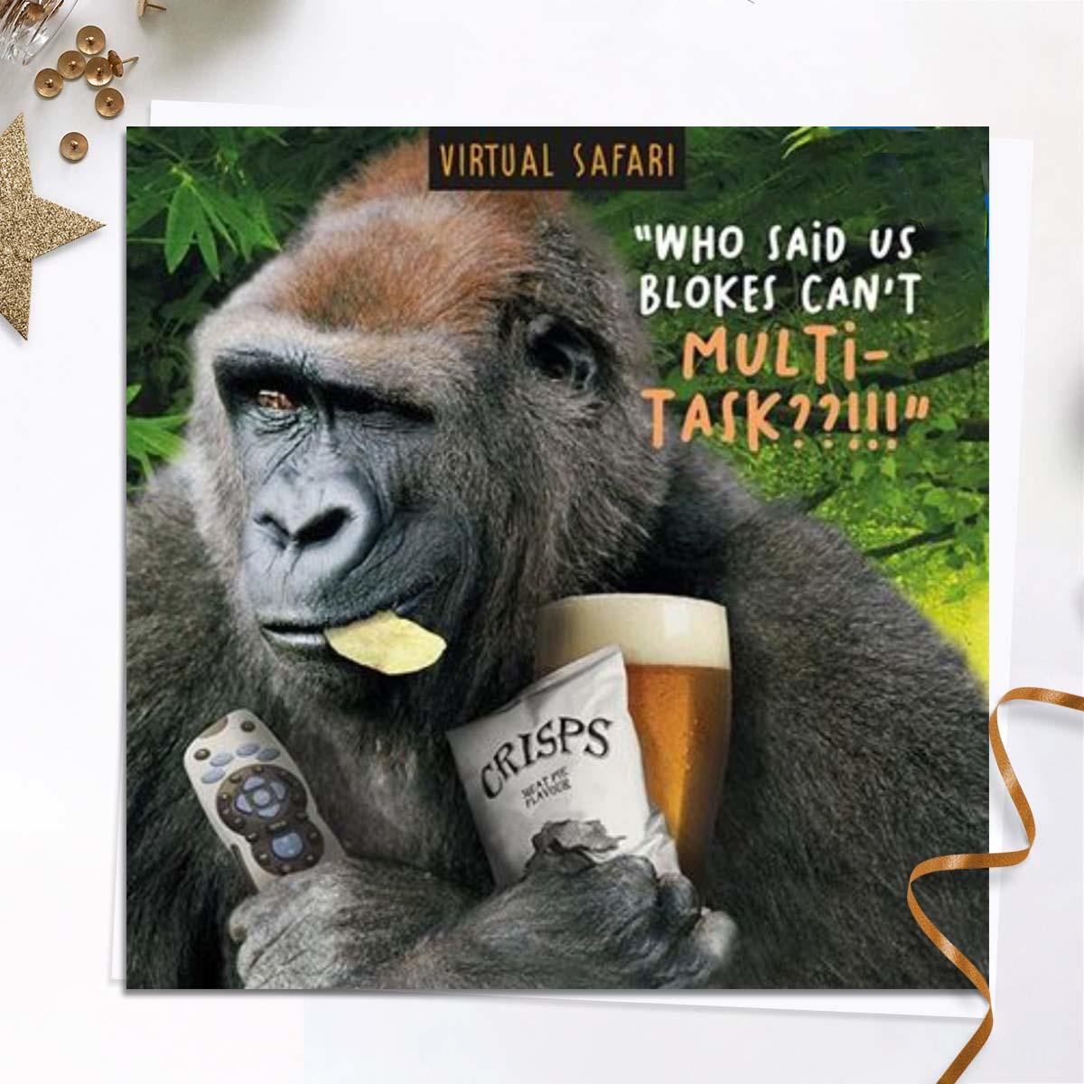 Virtual Safari - Multi-Task Funny Birthday Card Alongside Its White Envelope