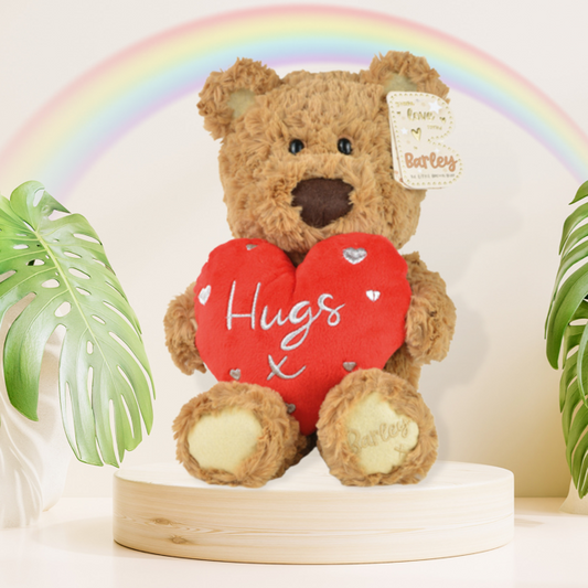 Barley Bear Plush Holding A Red Heart Displayed In Full