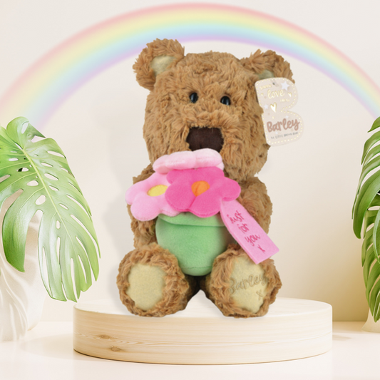 Barley Bear Plush Holding A Pot Of Flowers Displayed In Full
