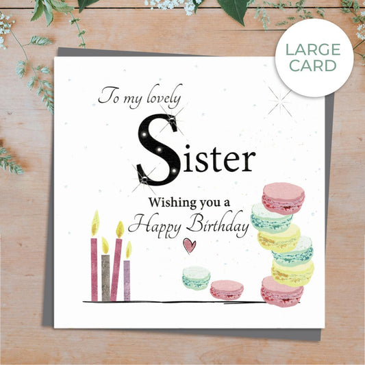 Lovely Sister Large Birthday Card Alongside Its Silver Envelope