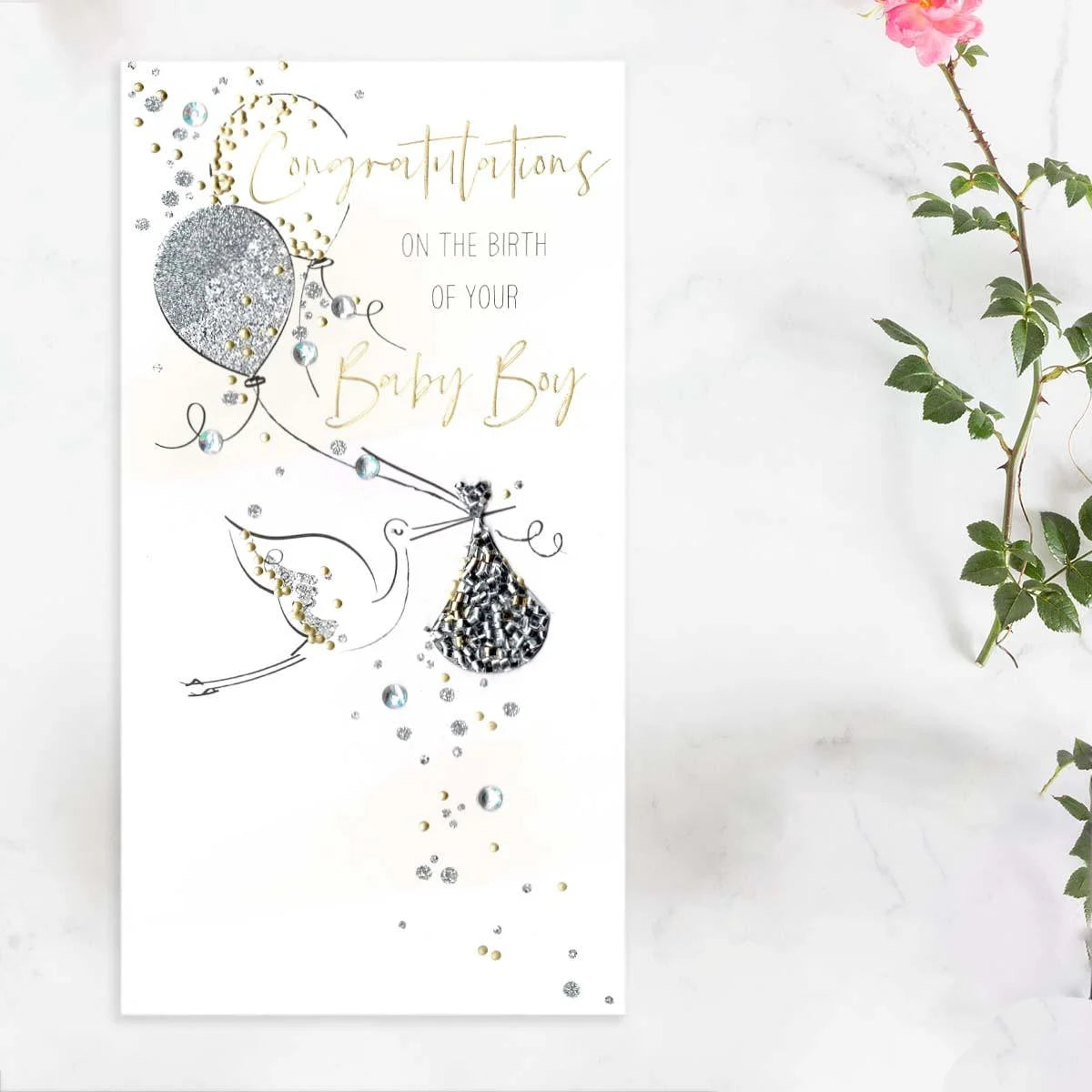 Baby Boy Card - Decoupage Stork & Balloons