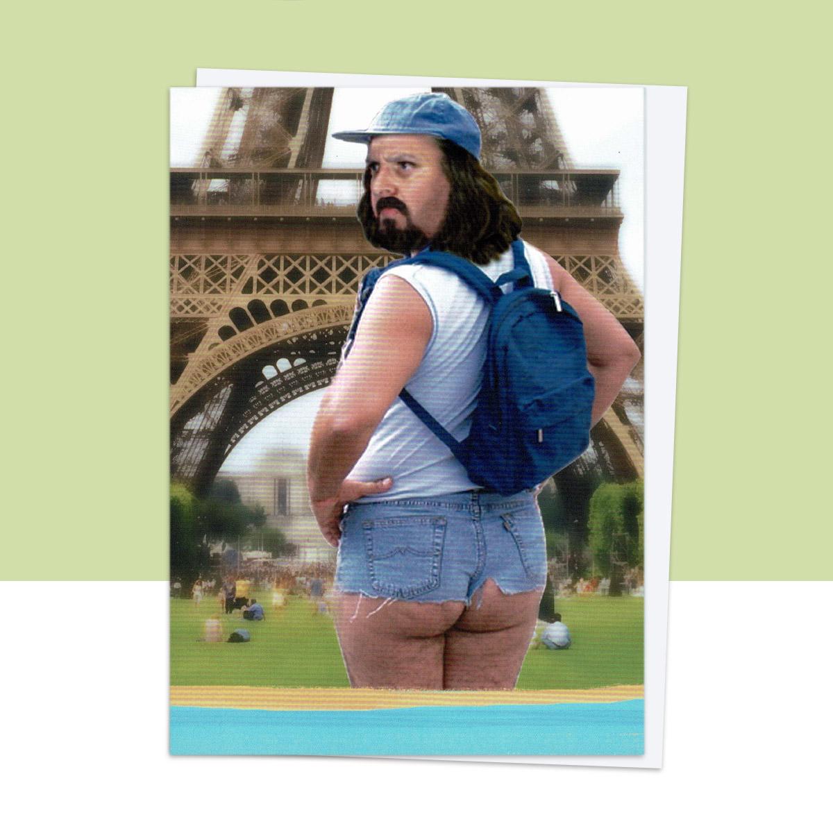 Backpacker At The Eiffel Tower Funny Card – The Celebration Store