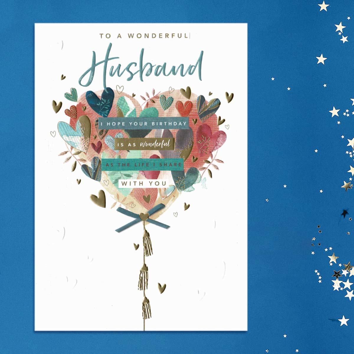 Wonderful Husband Birthday Heart Card Front Image