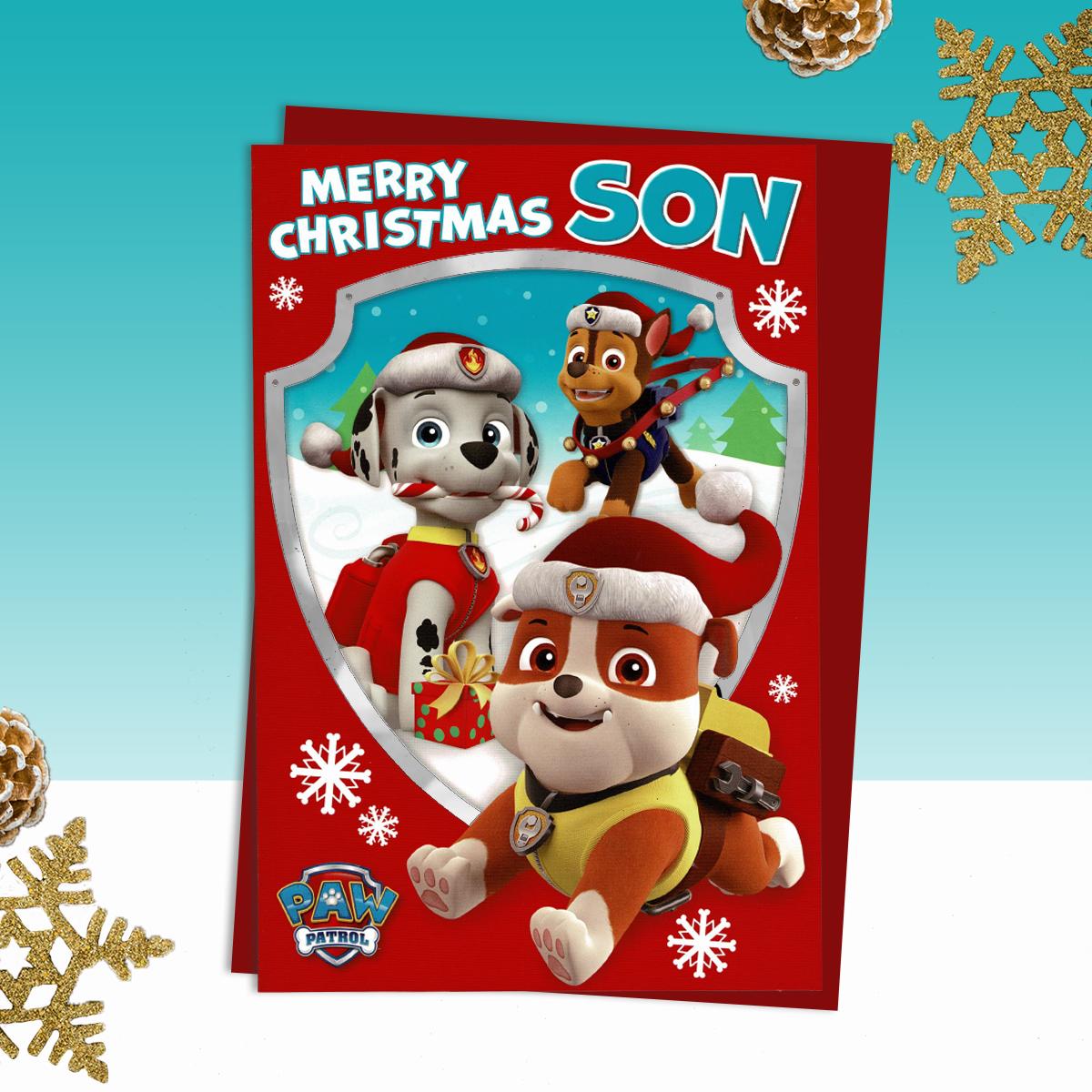 Paw Patrol Son Christmas Card Alongside Its Red Envelope