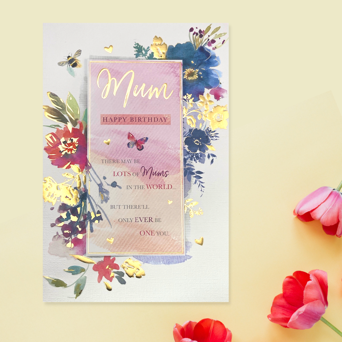 Mum Happy Birthday Butterflies & Flowers Large Card Front Image