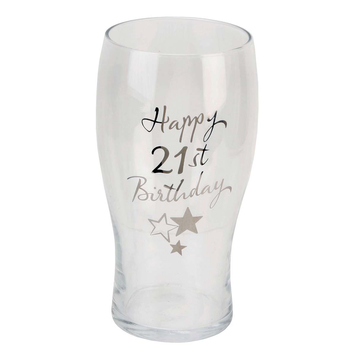 Happy 21st Pint Glass Displayed In Full