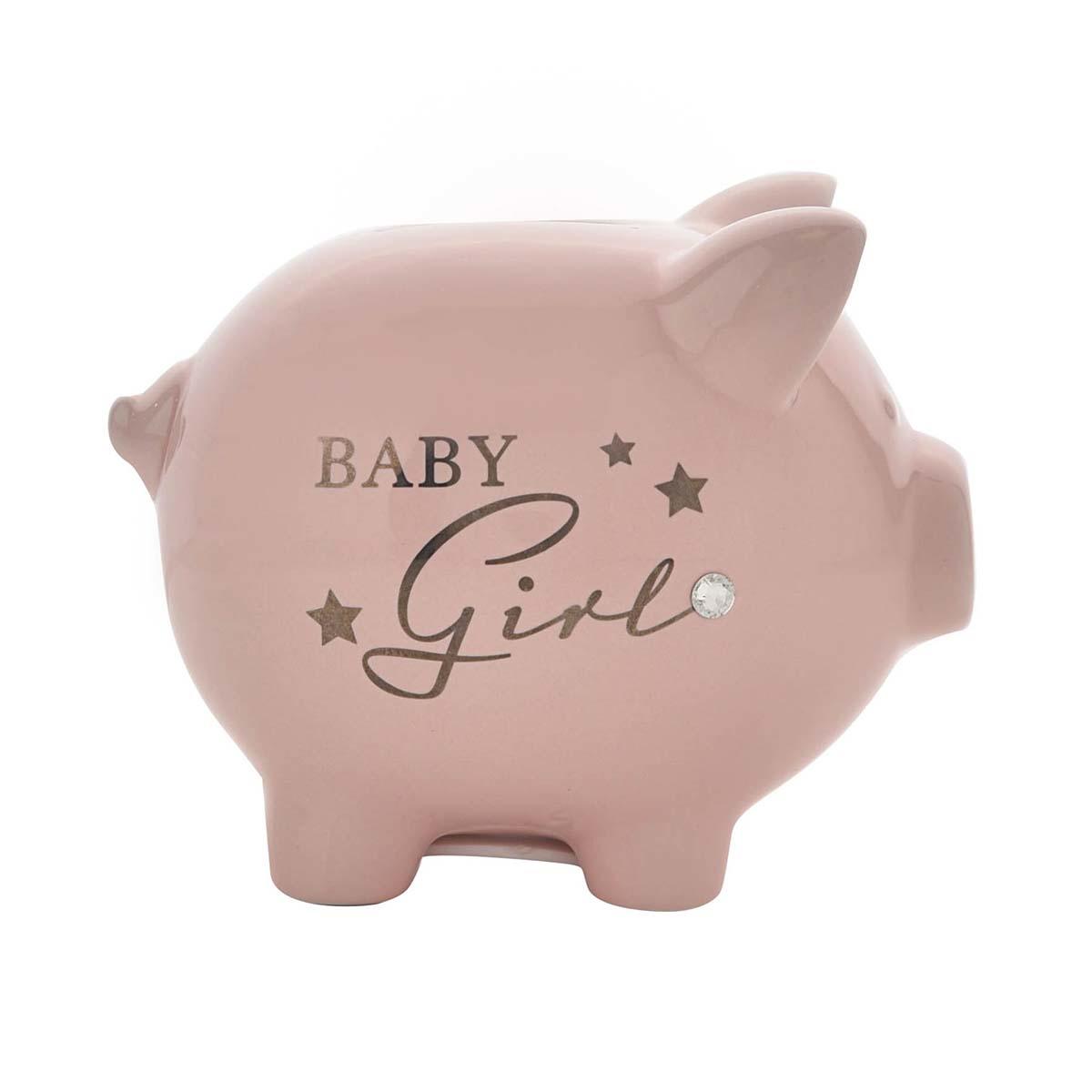 Baby Girl Piggy Bank Shown Side On