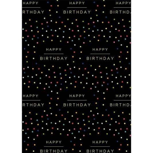 Black Gift Wrap With Multicoloured Spots Design Displayed
